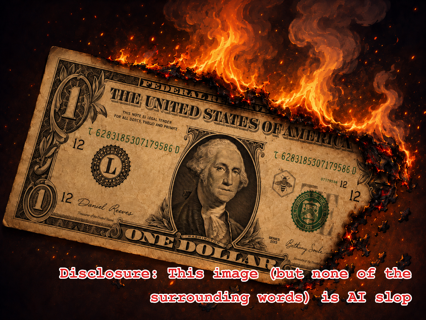 I find it hilariously ironic that burning money is forbidden by the government since burning money (literally an IOU from the govenment) is tantamount to giving the government money image of a burning dollar bill