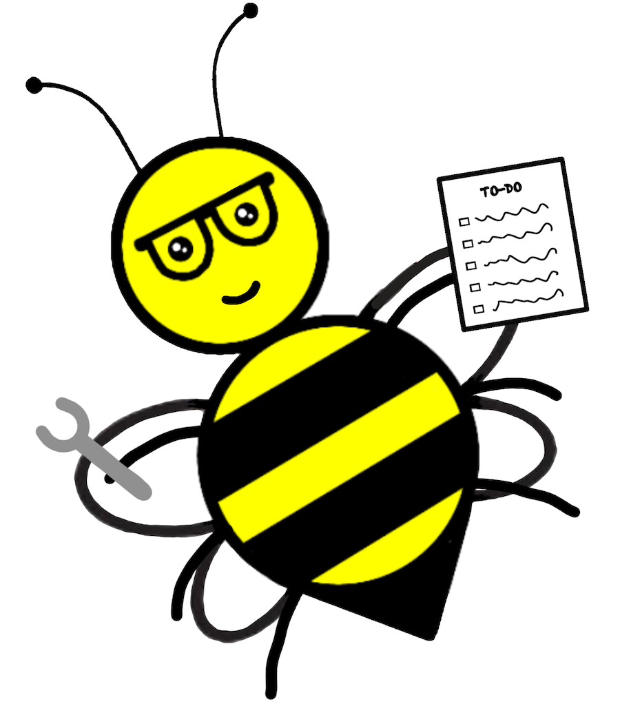 A (ratchet) wrench, some tasks, a bee, nerd glasses. Need we say more? A bee with a wrench and a todo list