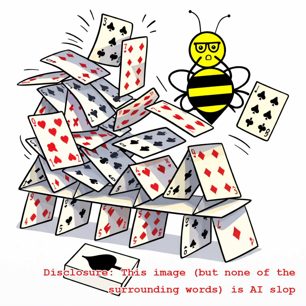 This is how Beeminder's server is built no wait that's not how we mean this! A bee accidentally toppling a card house