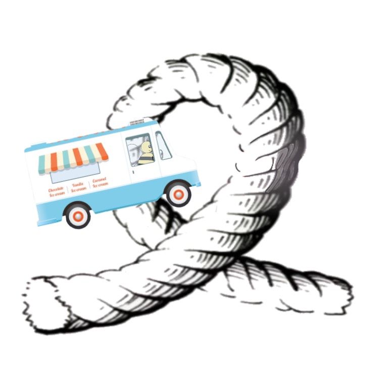 Fun fact: the 'loop' in 'loophole', contrary to this image, shares etymology with 'loupe' and originally meant a small opening in a castle to look out of, or fire weapons through, if you're into that. A bee driving an ice cream truck through a loop of rope