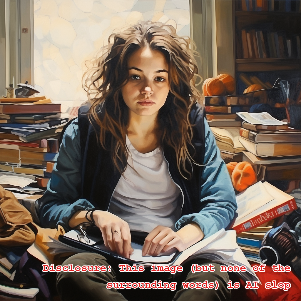 A slightly disheveled college student surrounded by books and study materials