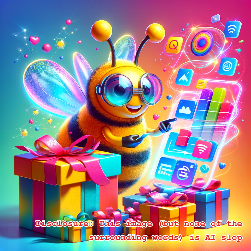 A Bee in goggles with a bundle of gifts