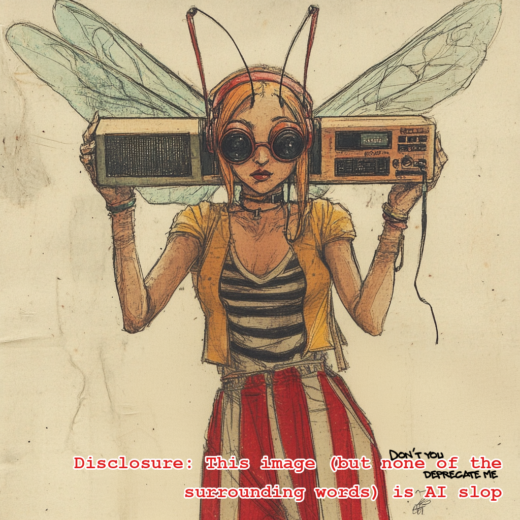 A human bee person with music and caption DON'T YOU DEPRECATE ME