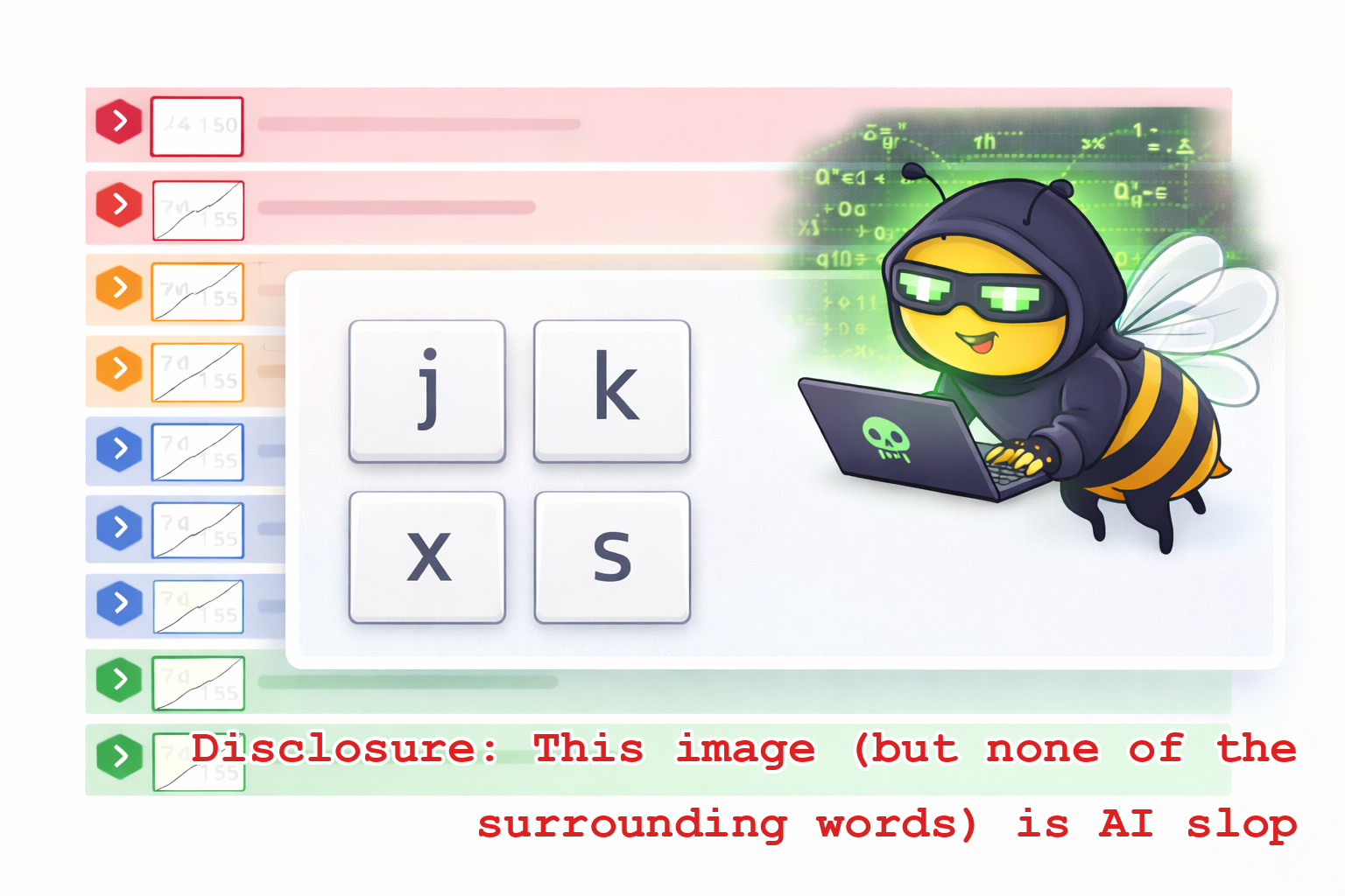 Leet hacker bee with some keys, overlaid on the Beeminder dashboard