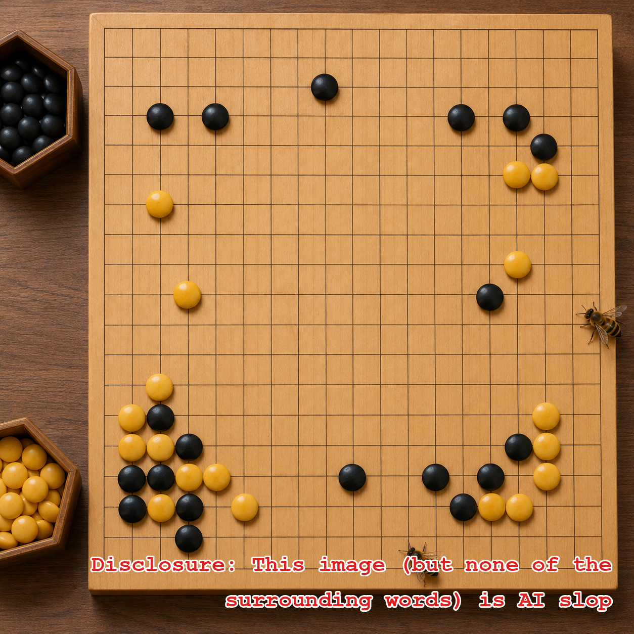 Mo' Go, mo' problems: Go Problems! Also, 37 nerd points if you know the significance of the state of this game Bees playing go